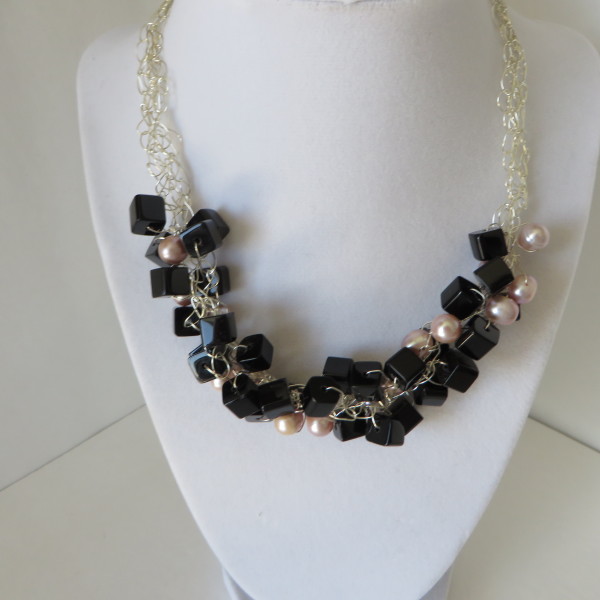 Pink Pearls and Black Cubes Necklace